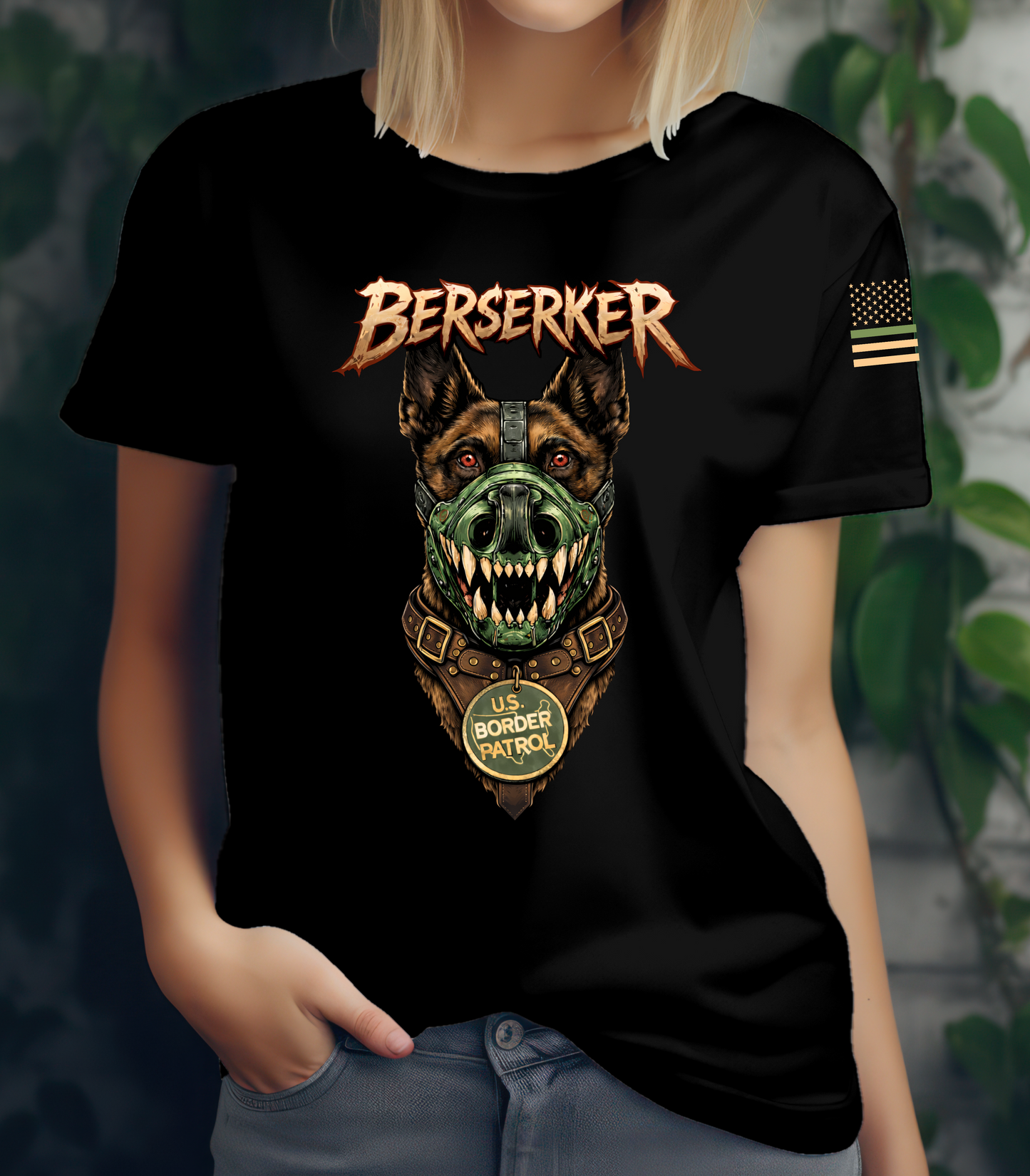 Person wearing a black t-shirt with a graphic design and 'Berserker' text, against a blurred background.