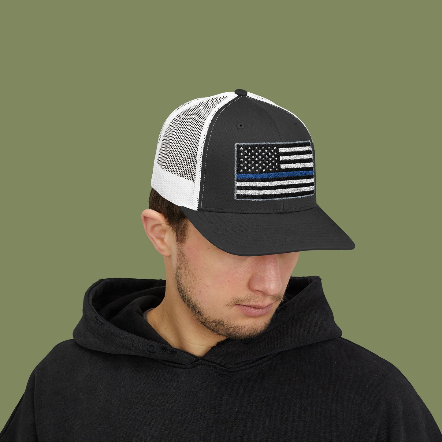 American Flag Thin Blue Line Snapback Trucker Cap