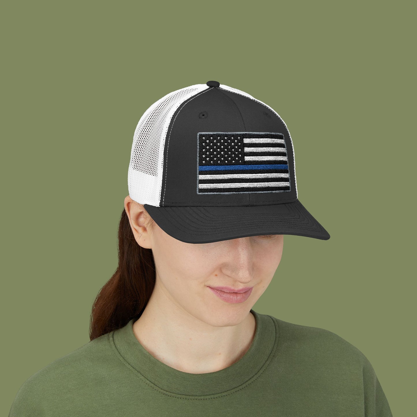 American Flag Thin Blue Line Snapback Trucker Cap