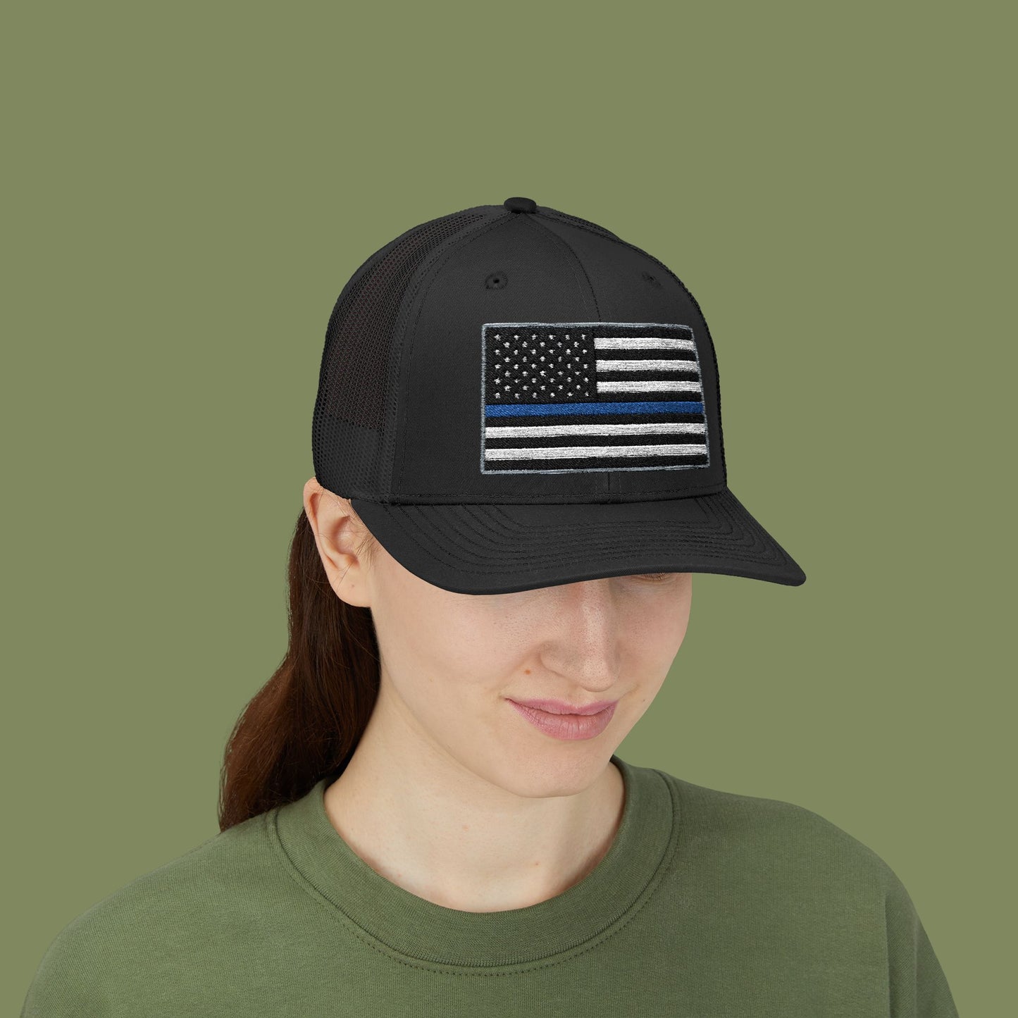 American Flag Thin Blue Line Snapback Trucker Cap