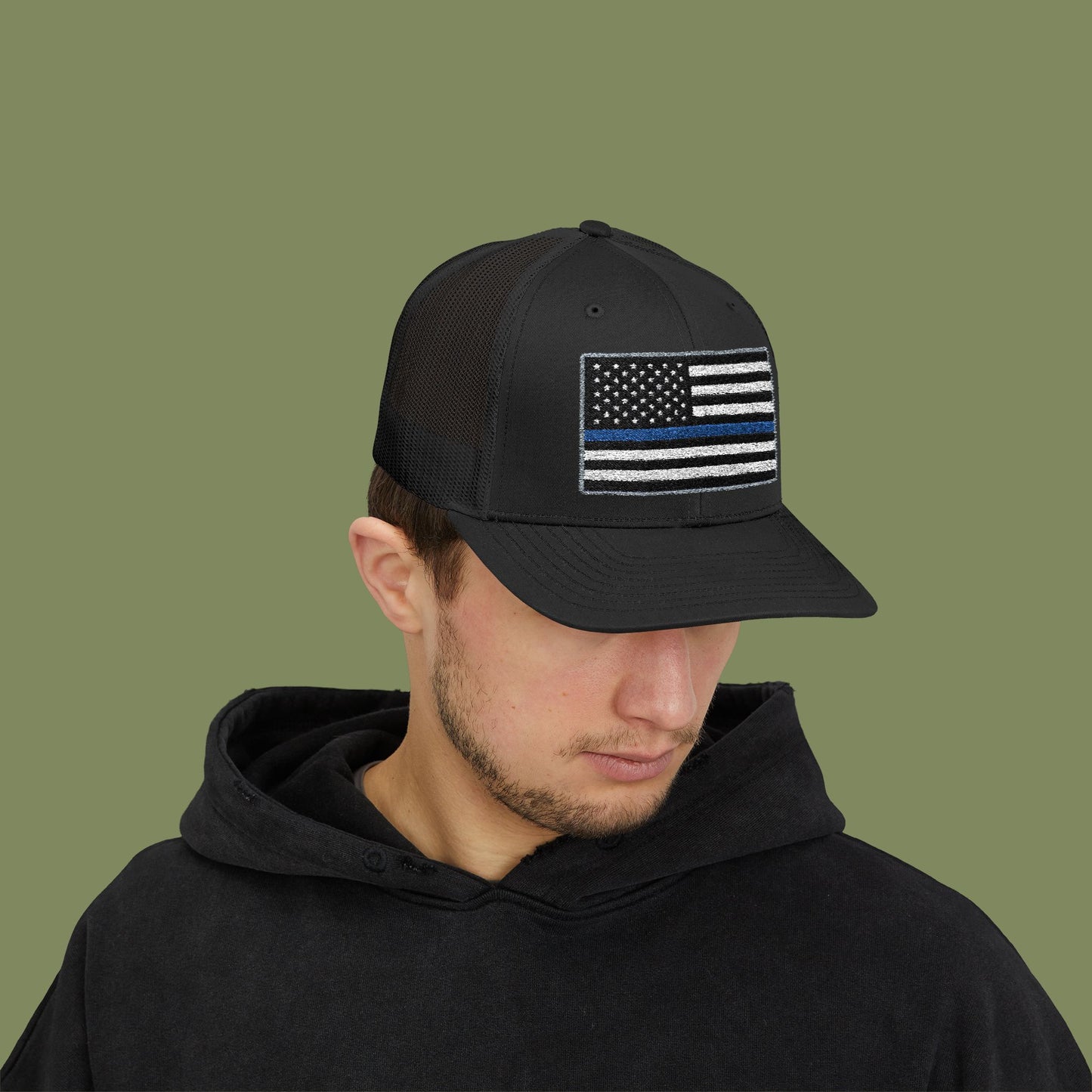 American Flag Thin Blue Line Snapback Trucker Cap