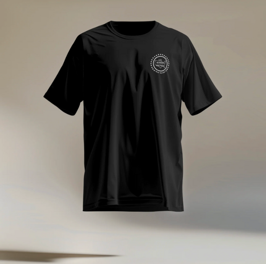 Black t-shirt with a logo on a neutral background